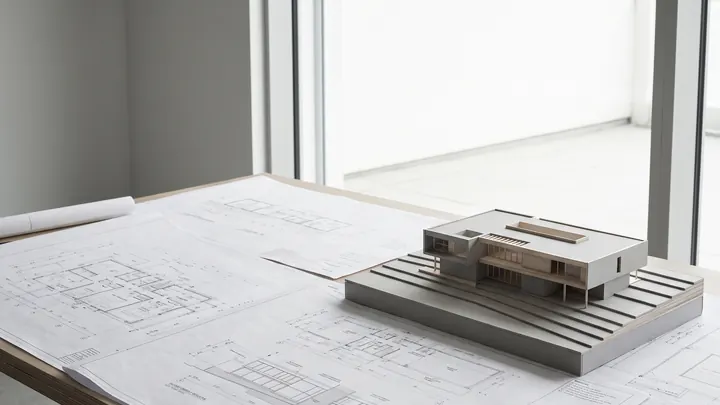 Planos técnicos desplegados sobre una mesa junto a la maqueta blanca de una vivienda