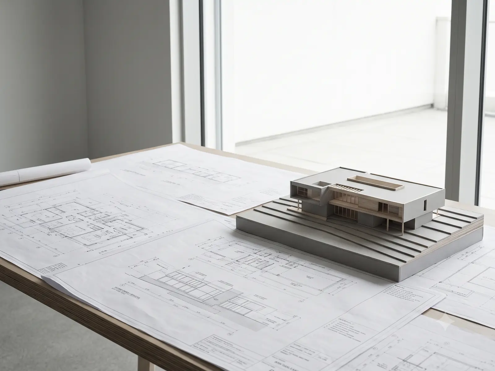 Mesa de trabajo de un estudio de arquitectura con planos desplegados y la maqueta de una vivienda junto al ventanal