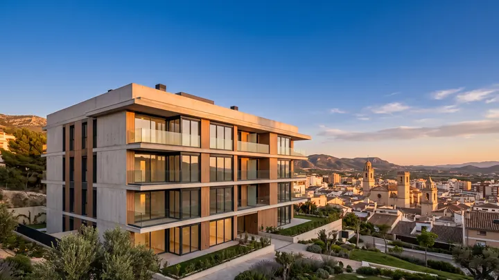 Edificio de viviendas de obra nueva al atardecer, con el casco urbano y las montañas al fondo