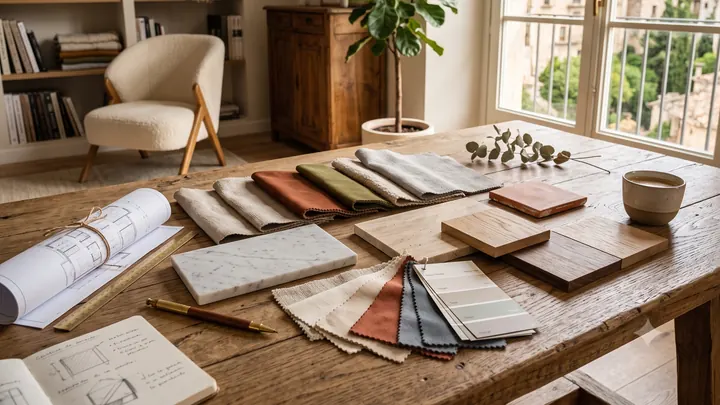 Muestras de telas, maderas y colores extendidas sobre una mesa de madera junto a unos planos