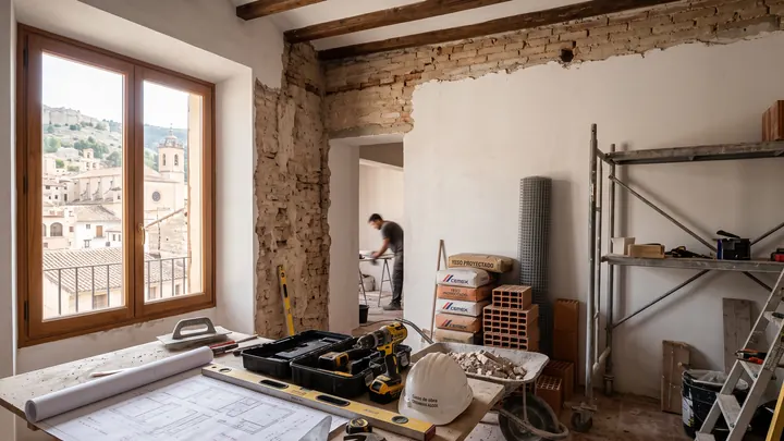 Vivienda antigua en obra, con la pared de ladrillo a la vista, herramientas sobre la mesa y un operario trabajando al fondo
